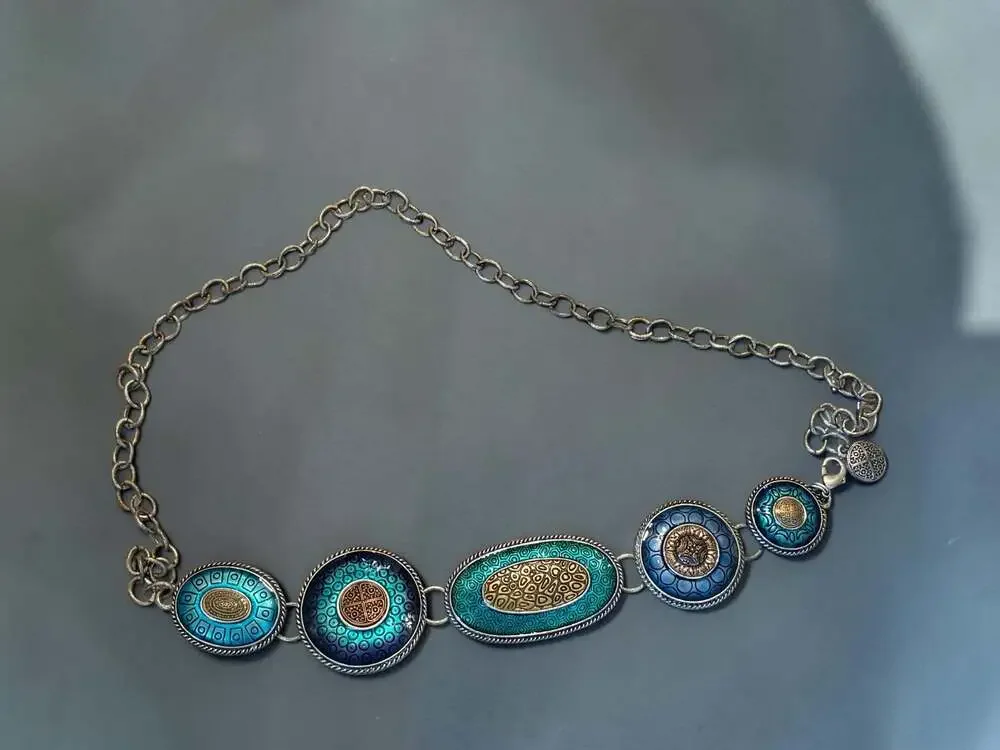 Chico's Blue and Green Enameled Medallion Link Belt